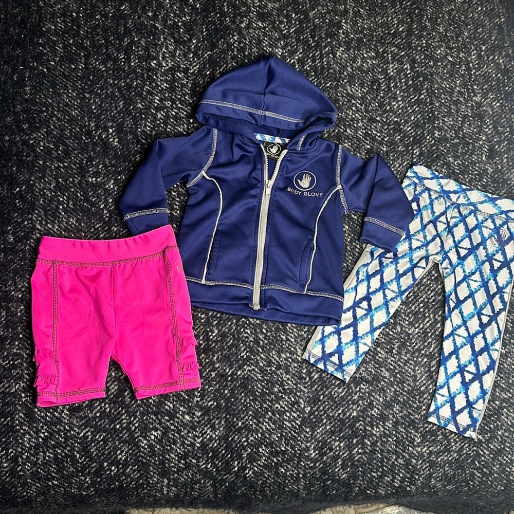 18m body glove blue hoodie, blue and silver leggings, pink shorts EUC
